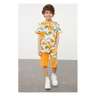 Trendyol Orange Boy Dinosaur Patterned T-shirt-Shorts Knitted Bottom-Top Set