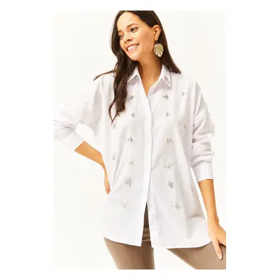 Olalook Women's White Collar and Front Stoned Oval Woven Shirt