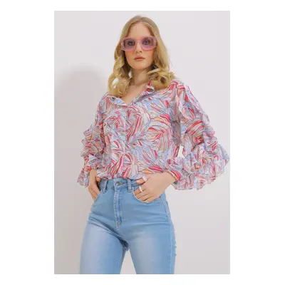 Trend Alaçatı Stili Women's Pink Big Collar Sleeves Flounce Patterned Chiffon Shirt