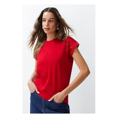 Trendyol Red Regular/Normal Fit Brode Detail Raglan Sleeve Knitted T-Shirt