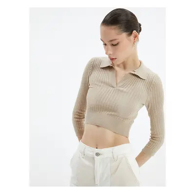 Koton Crop Knitwear Sweater Polo Neck Slim Fit Ribbed