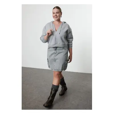 Trendyol Curve Gray Deep V Neck Crop Top with Polar Fleece Inside Knitted Plus Size Sweatshirt