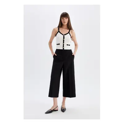 DEFACTO Classic Chino Pants Culotte Black Basic Plain Regular Waist Pocket Wide Leg