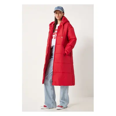 Happiness İstanbul Women's Red Hooded Long Puffer Coat