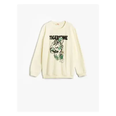 Koton Sweatshirt Crew Neck Tiger Printed Long Sleeve Raised