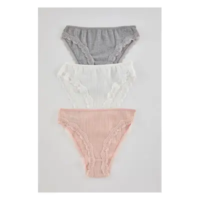 Trendyol Grey-Multicolored 3-Pack 100% Cotton Ribbed Lace Classic Knitted Panties