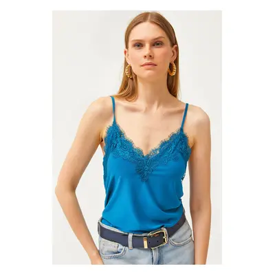 Olalook Women's Petrol Blue Strap Adjustable Lace Flowing Knitted Undershirt Blouse