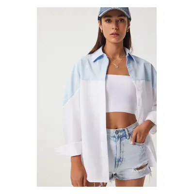 Happiness İstanbul Women's Sky Blue White Block Color Boyfriend Shirt