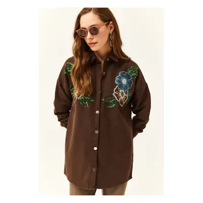 Olalook Women's Floral Dark Brown Stamp Detail Oversize Stamp Shirt