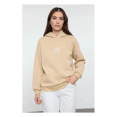 Trendyol Beige Oversize/Wide Pattern Embroidered Thick Polar Fleece Knitted Sweatshirt