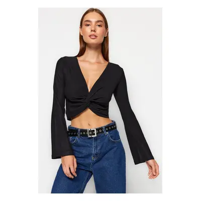 Trendyol Black Knot Detailed Wrapped/Textured Crop Knitted Blouse