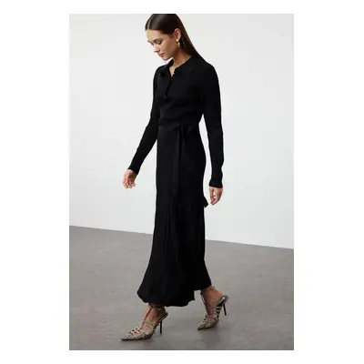 Trendyol Black Belted Polo Neck Ribbed Knitwear Dress