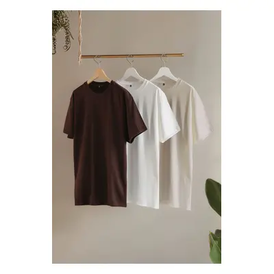 Trendyol Dark Brown-Stone-White Large Size 3-Pack Regular Cut 100% Cotton T-Shirt