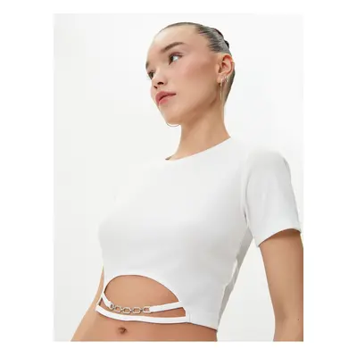 Koton Crop T-Shirt Metal Accessory Detailed Short Sleeve Crew Neck