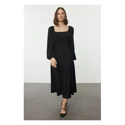 Trendyol Black Ruffle/Drape Detailed Long Sleeve Ruffle/Textured Fabric Knitted Dress