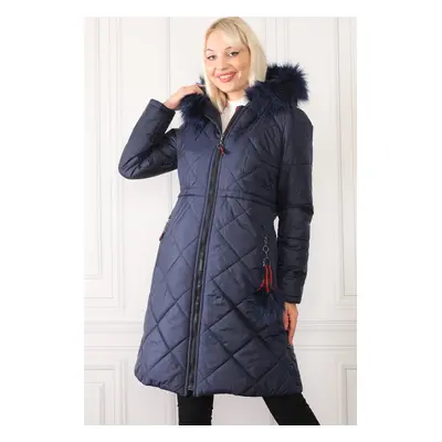 Z6646 DEWBERRYN FUR POMPOM LADIES' COAT-NAVY BLUE