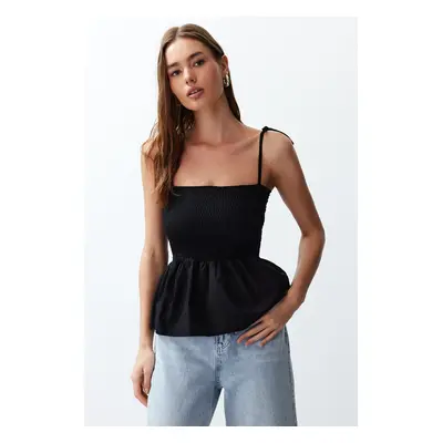 Trendyol Black Cotton Poplin Detailed Strap Flexible Knitted Blouse