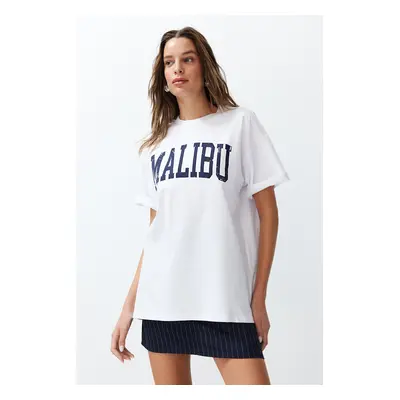 Trendyol White 100% Cotton City Slogan Printed Oversize/Relaxed Cut Knitted T-Shirt