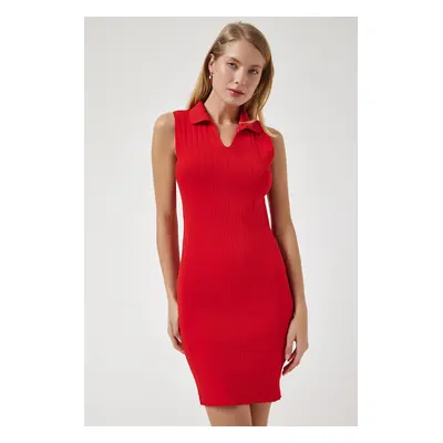 Happiness İstanbul Women's Red Polo Neck Ribbed Knitwear Dress