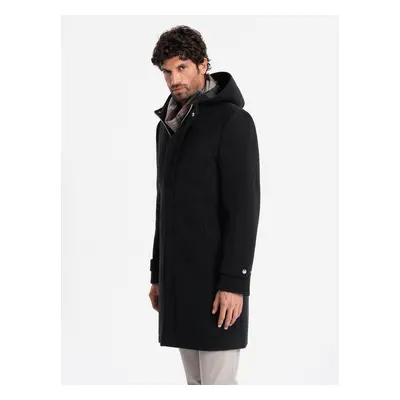 Ombre Men's long monochrome hooded coat - black