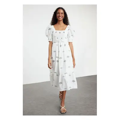 Trendyol White Belted Floral Patterned Square Collar Linen Look Woven Dress