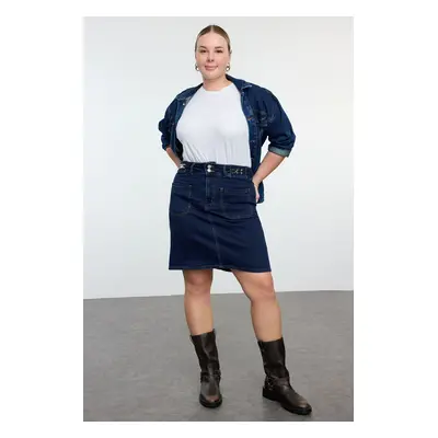 Trendyol Curve Dark Blue Aksaur Detailed Denim Plus Size Skirt