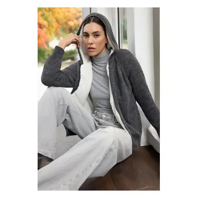 Trendyol Anthracite Hooded Zippered Coat-Looking Knitwear Cardigan