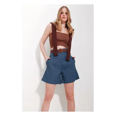 Trend Alaçatı Stili Woman's Dark Blue Straw Weave Strap Gabardine Shorts