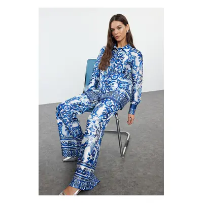 Trendyol Blue Patterned Satin Woven Top-Bottom Set