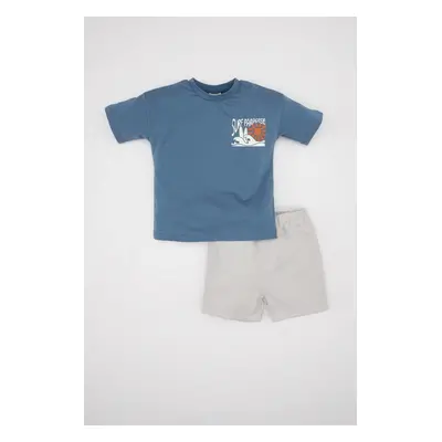 DEFACTO Baby Boy 2-Piece Set Printed Short Sleeve T-Shirt Top Elastic Waist Shorts Bottom