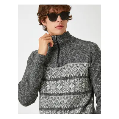 Koton Jacquard Sweater High Neck Zipper Detail