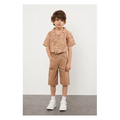 Trendyol Brick Boy Patterned Cotton Shirt-Shorts Woven Bottom-Top Set