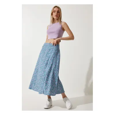 Happiness İstanbul Women's Pink Blue Floral Slit Summer Viscose Skirt