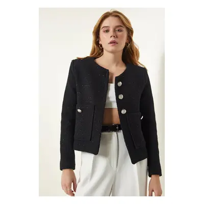 Happiness İstanbul Women's Black Wide Pocket Stylish Woven Jacket