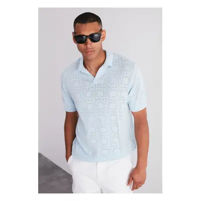 Trendyol Limited Edition Light Blue Regular Fit Cotton Openwork Knitwear Polo Neck T-Shirt