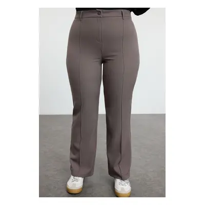 Trendyol Curve Grey High Waist Ribbed Stitched Spanish Leg Woven Fabric Trousers