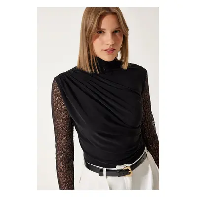 Happiness İstanbul Women's Black Lace Sleeve Gathered Knitted Blouse