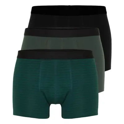 Trendyol 3-Piece Green-Black Striped-Plain Mix Cotton Boxer