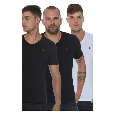 TRIPLE SET T8568 DEWBERRY V-NECK MEN'S T-SHIRT-BLACK-WHITE-NAVY BLUE