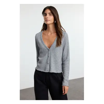 Trendyol Gray Knitwear Look V Neck Buttoned Regular Pattern Knitted Blouse