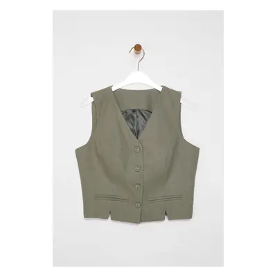 Trendyol Light Khaki Fitted Linen V-Neck Crop Vest