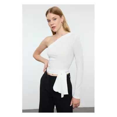 Trendyol Ecru Slim Tie Detailed Single Sleeve Crop Stretchy Knitted Blouse