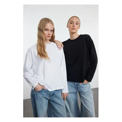 Trendyol Black-White 2-Pack 100% Single Jersey Oversize/Wide Cut Knitted T-Shirt