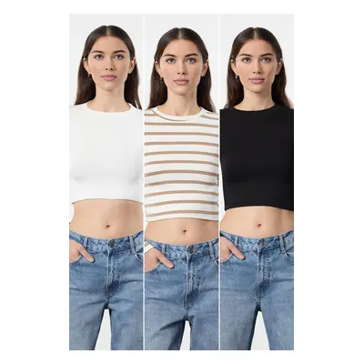 Trendyol Black-White-Mink Striped 3-Pack Crop Fitted/Body-Smoothing Knitted Blouse