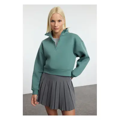 Trendyol Dark Green Relaxed Cut Crop Zippered Stand Collar Thick Inside Fleece Knitted Sweatshir