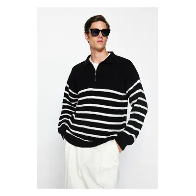 Trendyol Black Casual Oversize Fit Wide Pattern Polo Collar Striped Knitwear Sweater