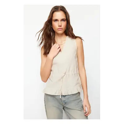 Trendyol Stone Woven V-Neck Tie Blouse