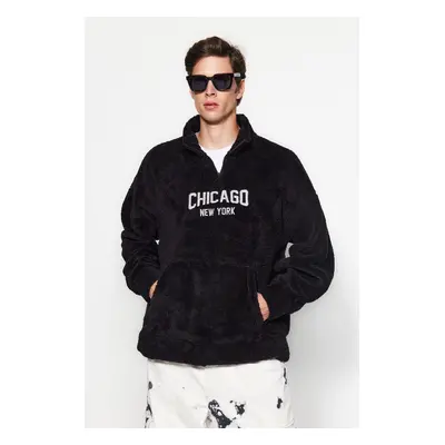 Trendyol Black Oversize/Wide Cut Stand Collar City Embroidery Anti-Pilling Fleece Sweatshirt