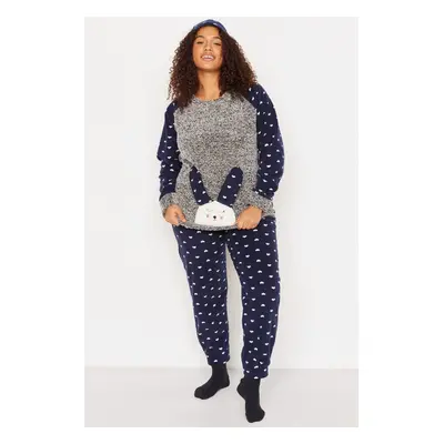 Trendyol Curve Navy Blue Heart Polar Fleece Knitted Pajama Set