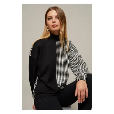 Cool & Sexy Women's Black-White Half Turtle Houndstooth Pattern Blouse